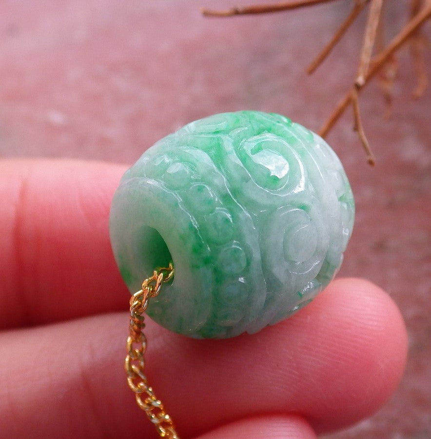 Certified Hand Carved Green Natural Myanmar Burma A Jade Jadeite Barrel Circle Donut Ruyi Pendant Necklace