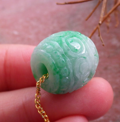 Certified Hand Carved Green Natural Myanmar Burma A Jade Jadeite Barrel Circle Donut Ruyi Pendant Necklace