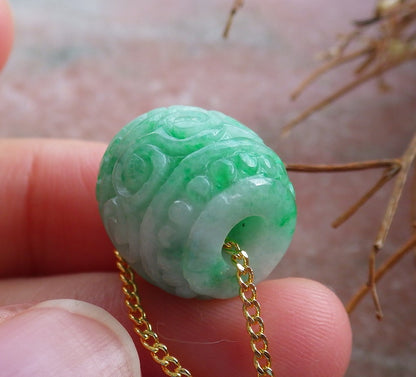 Certified Hand Carved Green Natural Myanmar Burma A Jade Jadeite Barrel Circle Donut Ruyi Pendant Necklace