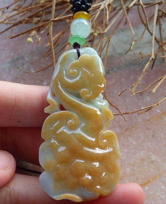 Certified Hand Carved Yellow Green Natural A Jade Jadeite Lotus Flower Ruyi Pendant Necklace