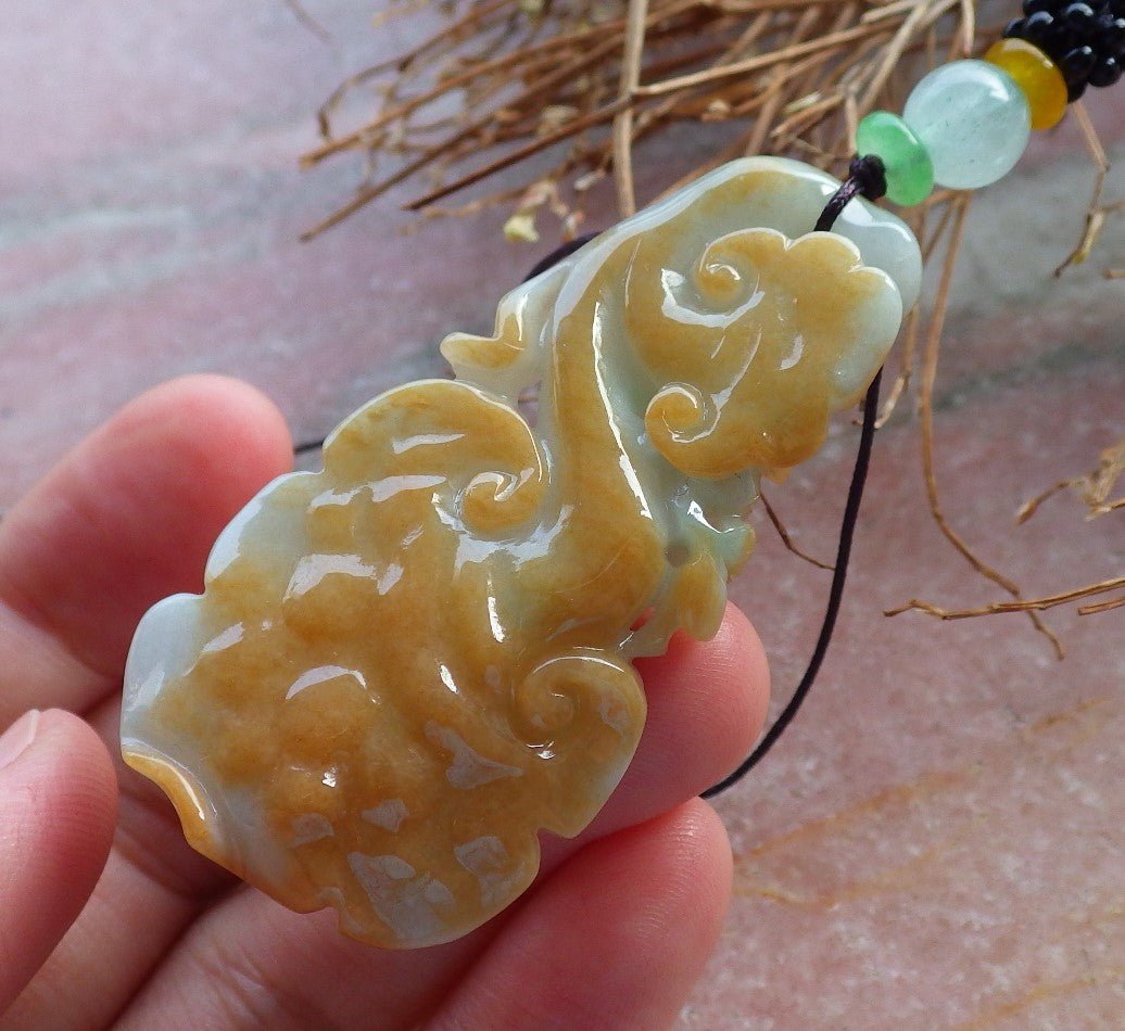 Certified Hand Carved Yellow Green Natural A Jade Jadeite Lotus Flower Ruyi Pendant Necklace