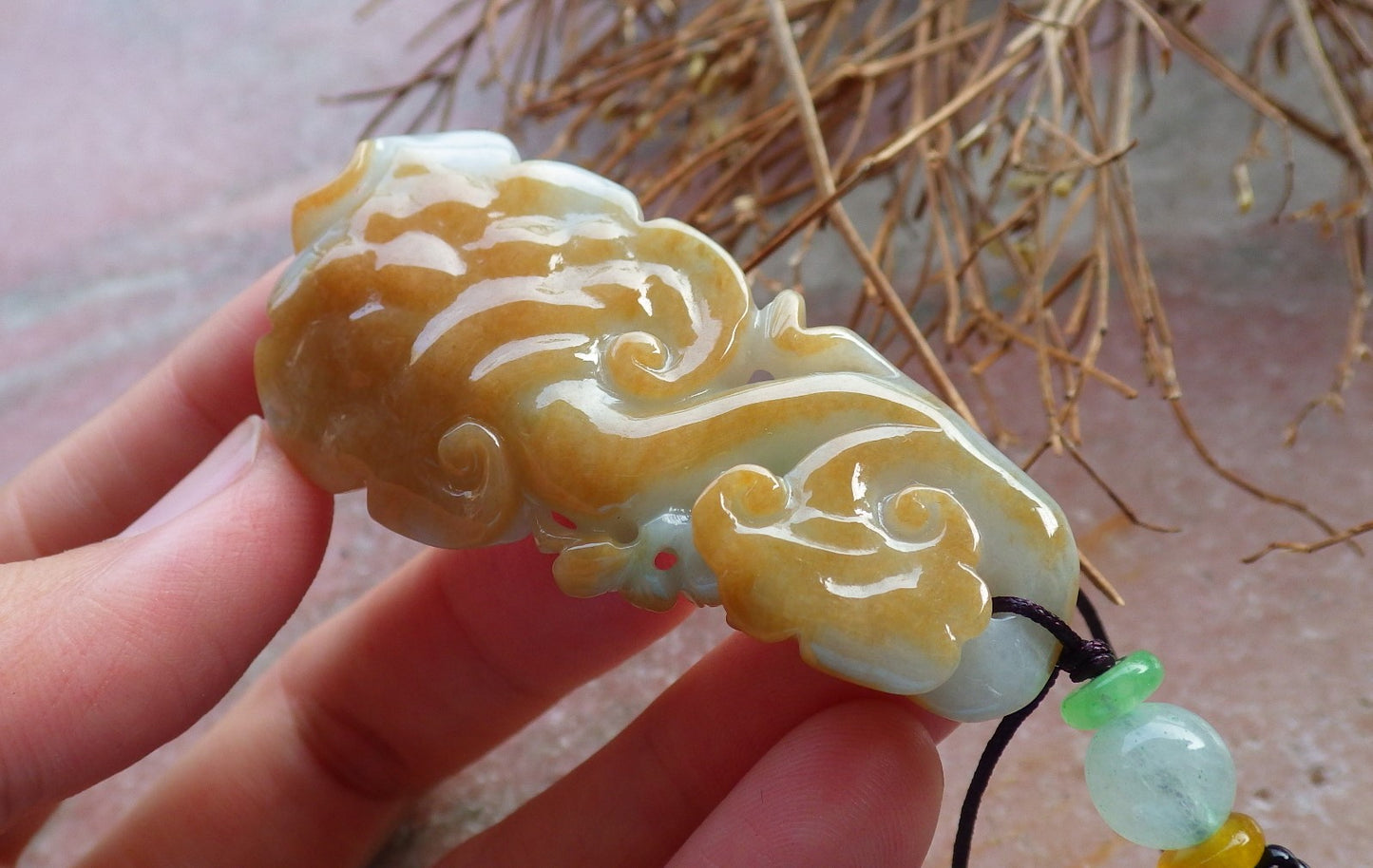 Certified Hand Carved Yellow Green Natural A Jade Jadeite Lotus Flower Ruyi Pendant Necklace