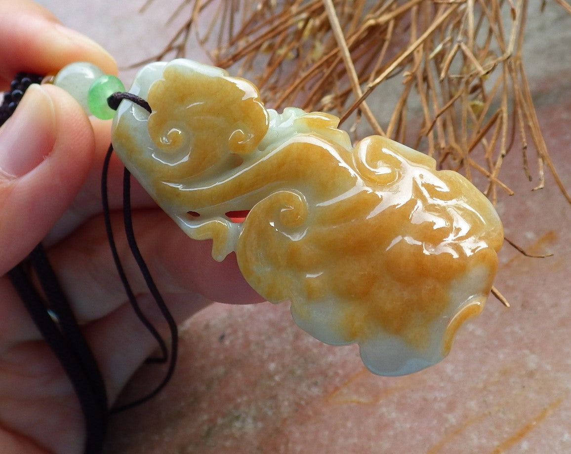 Certified Hand Carved Yellow Green Natural A Jade Jadeite Lotus Flower Ruyi Pendant Necklace