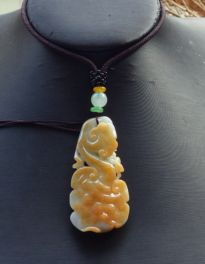 Certified Hand Carved Yellow Green Natural A Jade Jadeite Lotus Flower Ruyi Pendant Necklace