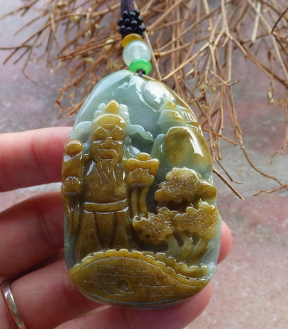 Certified Hand Carved Green Yellow Natural Myanmar Burma A Jade Landscape Painting Money God Pendant Necklace