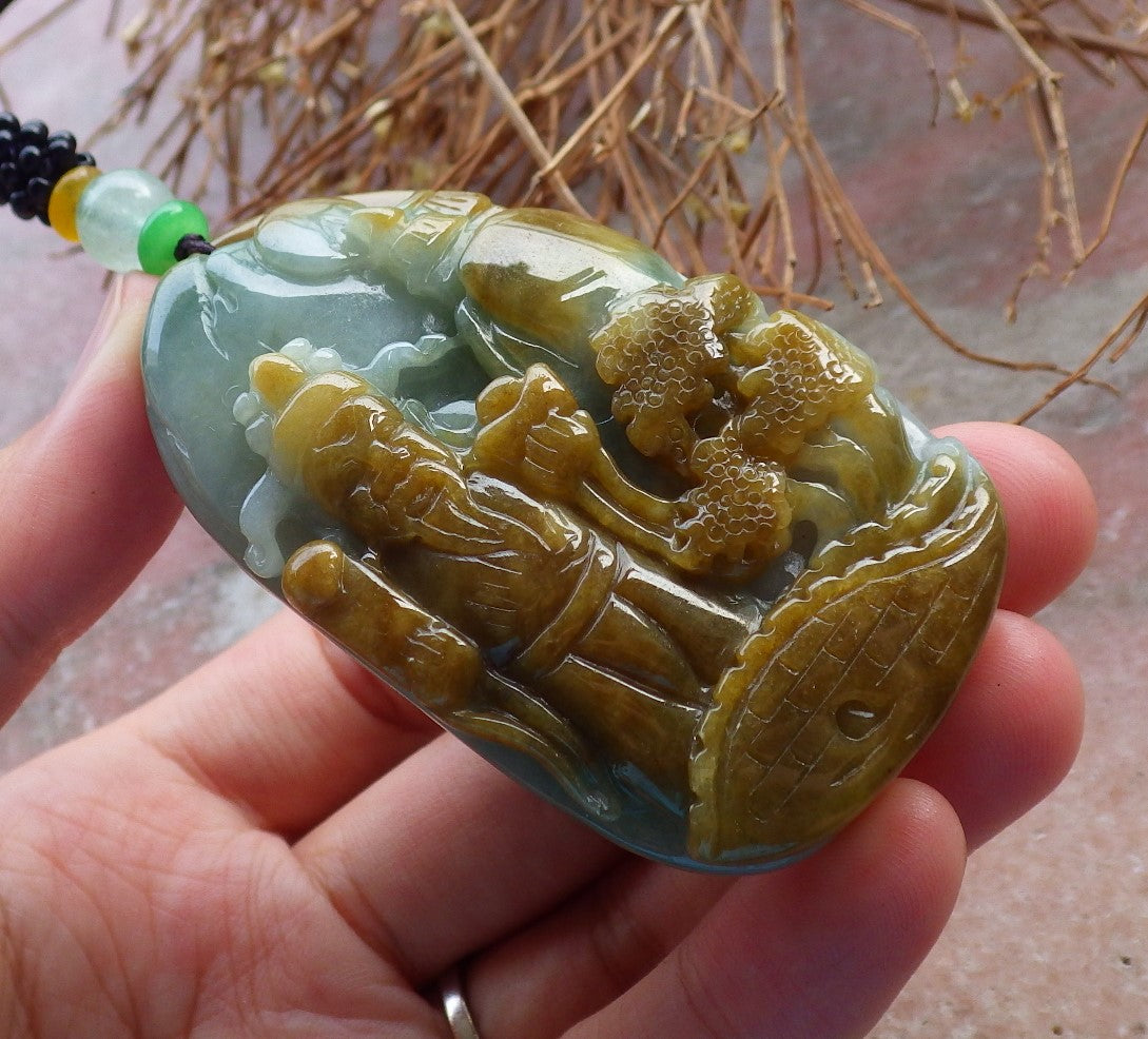 Certified Hand Carved Green Yellow Natural Myanmar Burma A Jade Landscape Painting Money God Pendant Necklace