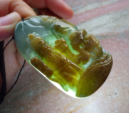 Certified Hand Carved Green Yellow Natural Myanmar Burma A Jade Landscape Painting Money God Pendant Necklace