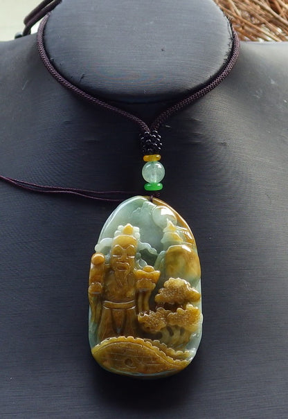 Certified Hand Carved Green Yellow Natural Myanmar Burma A Jade Landscape Painting Money God Pendant Necklace