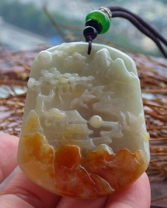 Certified Hand Carved Green Yellow Natural Burma A Jade Landscape Painting Pendant Necklace