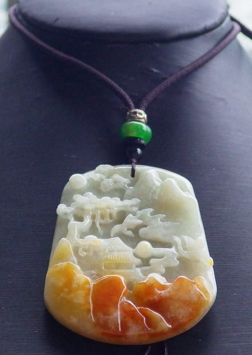 Certified Hand Carved Green Yellow Natural Burma A Jade Landscape Painting Pendant Necklace