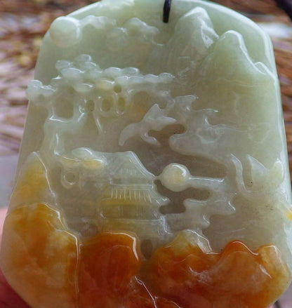 Certified Hand Carved Green Yellow Natural Burma A Jade Landscape Painting Pendant Necklace