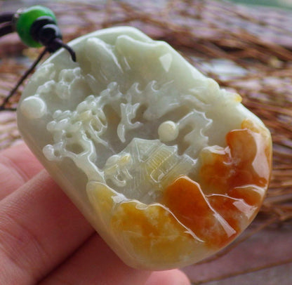 Certified Hand Carved Green Yellow Natural Burma A Jade Landscape Painting Pendant Necklace