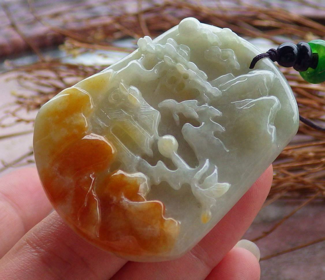 Certified Hand Carved Green Yellow Natural Burma A Jade Landscape Painting Pendant Necklace