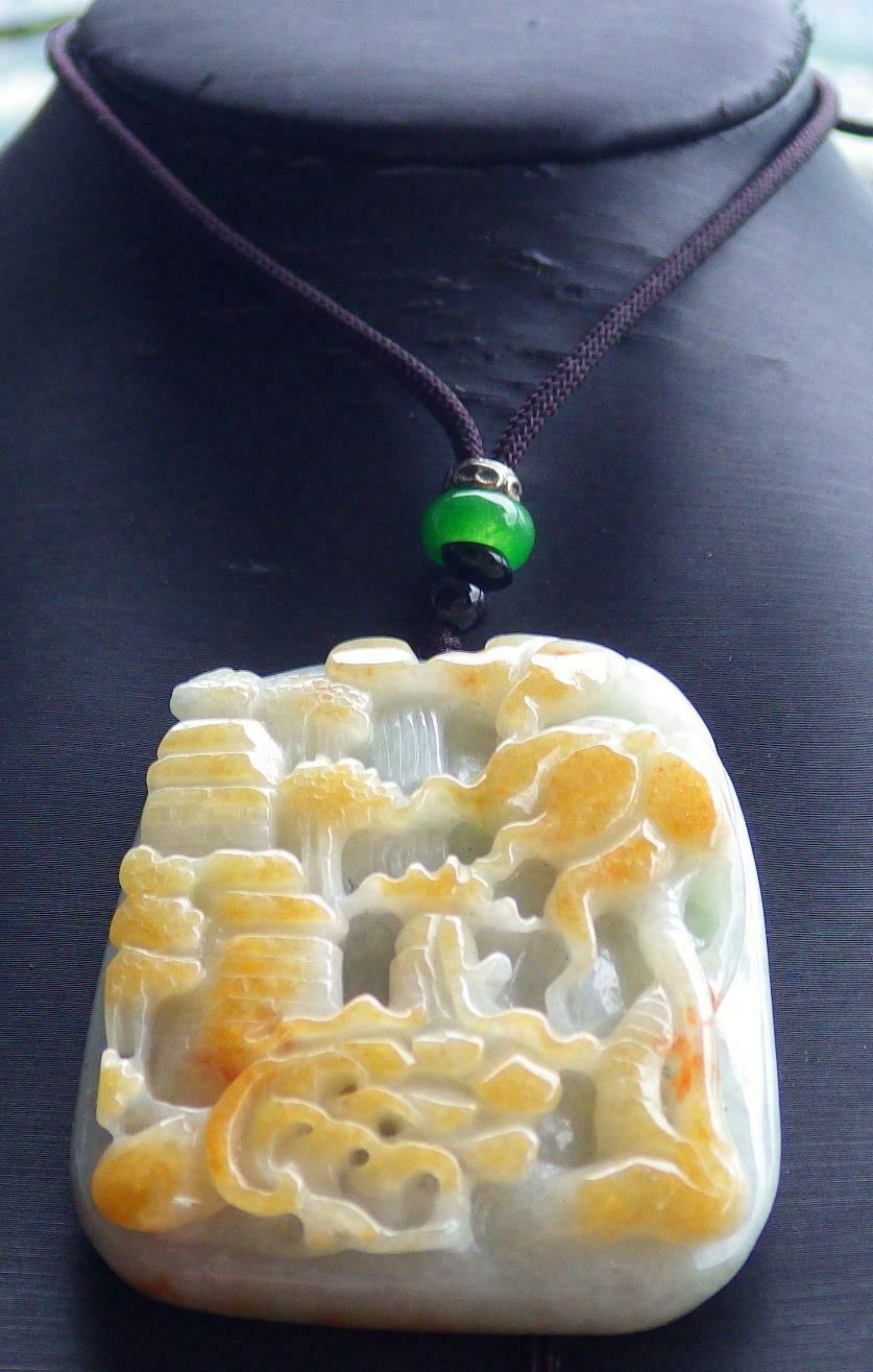 Certified Hand Carved Green Yellow Natural Burma A Jade Landscape Painting Pendant Necklace