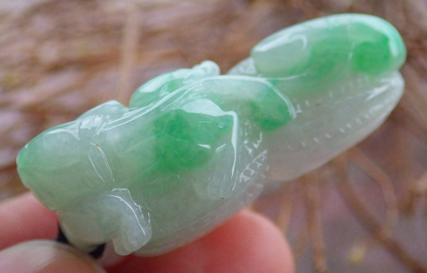 Certified Hand Carved Icy Green 100% Natural Myanmar Burma A Jade Jadeite Ruyi Dragon Pi Xiu Peanut Pendant Necklace