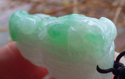 Certified Hand Carved Icy Green 100% Natural Myanmar Burma A Jade Jadeite Ruyi Dragon Pi Xiu Peanut Pendant Necklace