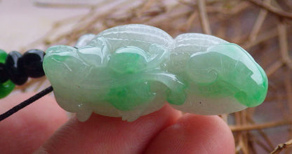 Certified Hand Carved Icy Green 100% Natural Myanmar Burma A Jade Jadeite Ruyi Dragon Pi Xiu Peanut Pendant Necklace