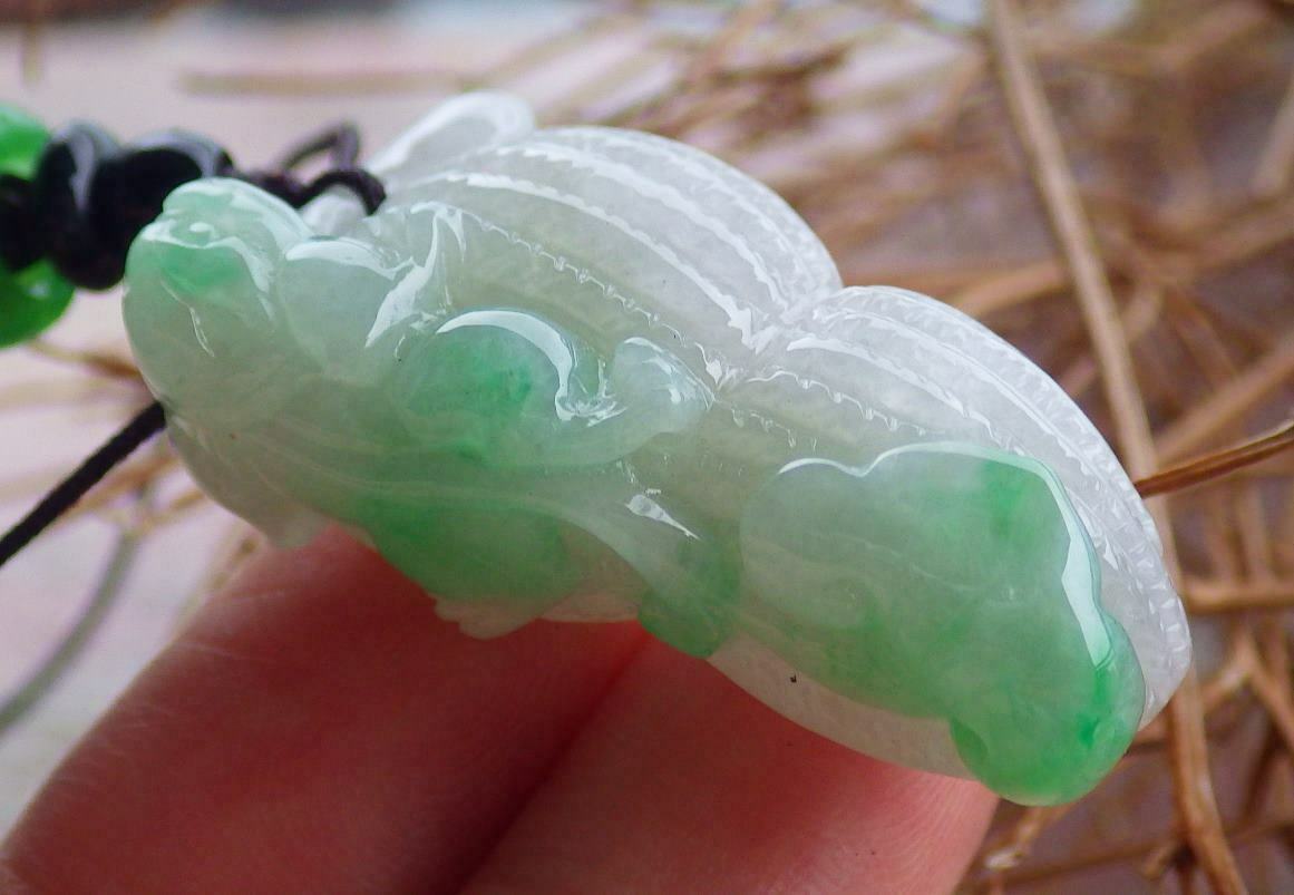 Certified Hand Carved Icy Green 100% Natural Myanmar Burma A Jade Jadeite Ruyi Dragon Pi Xiu Peanut Pendant Necklace