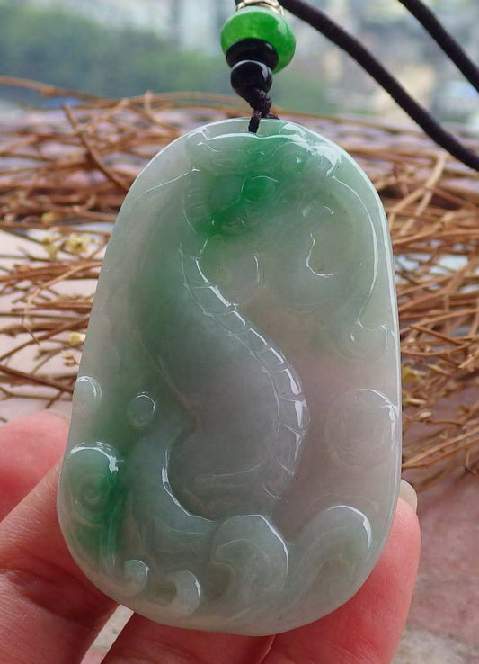 Certified Hand Carved Green 100% Natural Burma A Jade Jadeite Ruyi Dragon Pendant Necklace