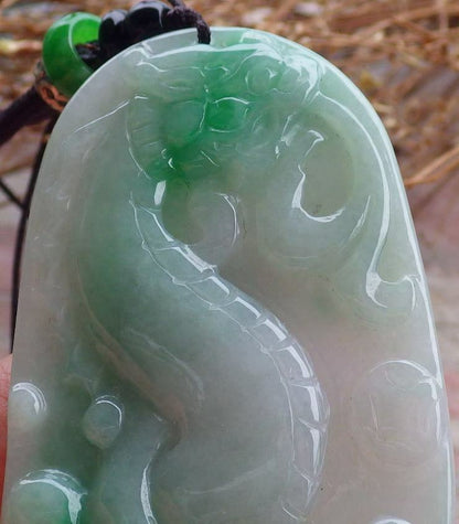 Certified Hand Carved Green 100% Natural Burma A Jade Jadeite Ruyi Dragon Pendant Necklace