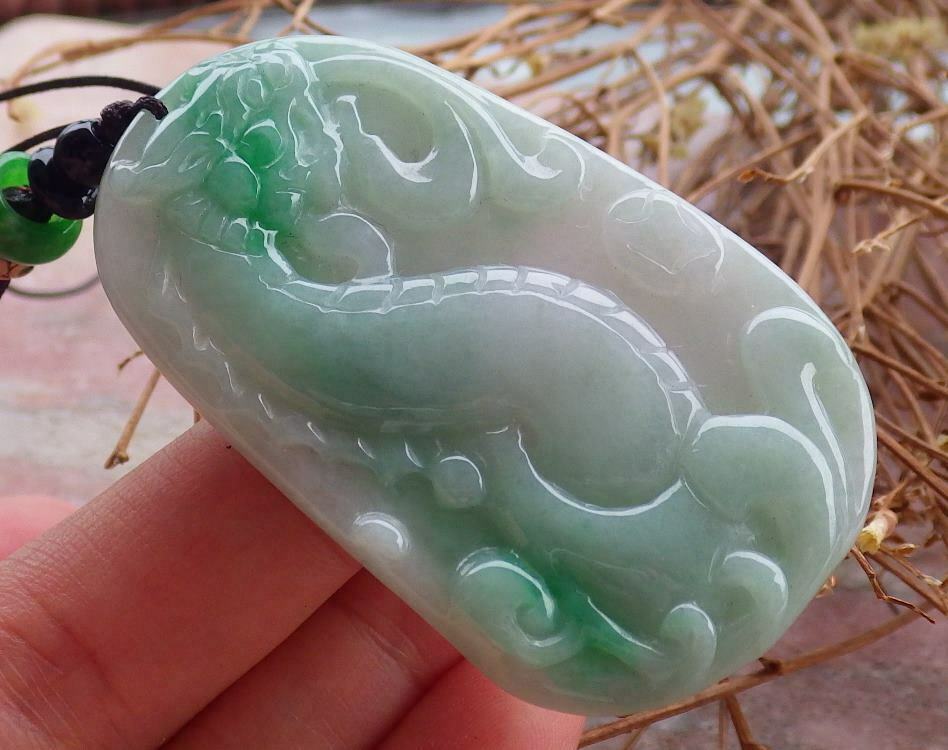 Certified Hand Carved Green 100% Natural Burma A Jade Jadeite Ruyi Dragon Pendant Necklace