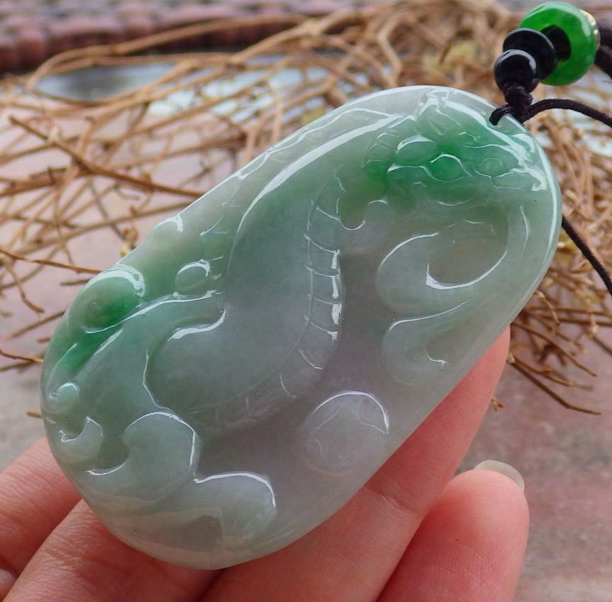 Certified Hand Carved Green 100% Natural Burma A Jade Jadeite Ruyi Dragon Pendant Necklace