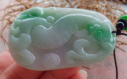 Certified Hand Carved Green 100% Natural Burma A Jade Jadeite Ruyi Dragon Pendant Necklace