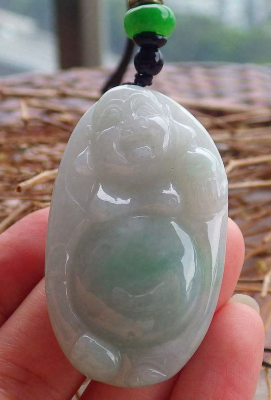 Certified Hand Carved Green Natural Burma A Jade jadeite Happy Buddha God Pendant Necklace