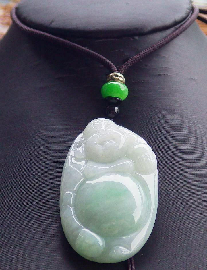 Certified Hand Carved Green Natural Burma A Jade jadeite Happy Buddha God Pendant Necklace