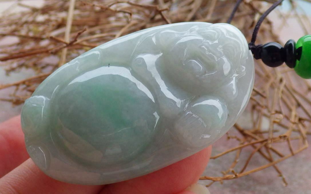 Certified Hand Carved Green Natural Burma A Jade jadeite Happy Buddha God Pendant Necklace