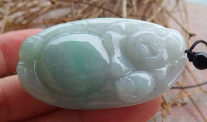 Certified Hand Carved Green Natural Burma A Jade jadeite Happy Buddha God Pendant Necklace