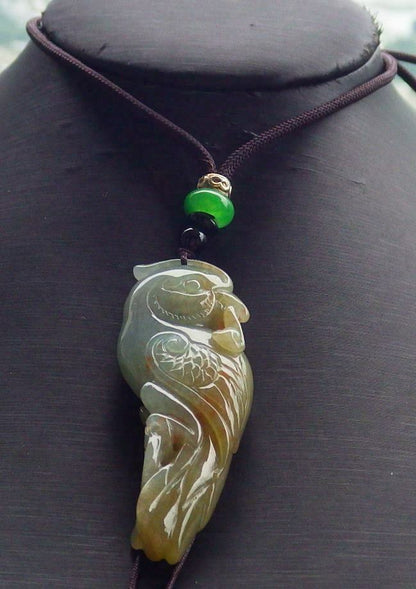 Certified Hand Carved Green Yellow Natural Myanmar Burma Grade A Jade jadeite Phoenix Bird Parrot Lucky Amulet Pendant Necklace