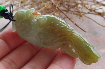 Certified Hand Carved Green Yellow Natural Myanmar Burma Grade A Jade jadeite Phoenix Bird Parrot Lucky Amulet Pendant Necklace