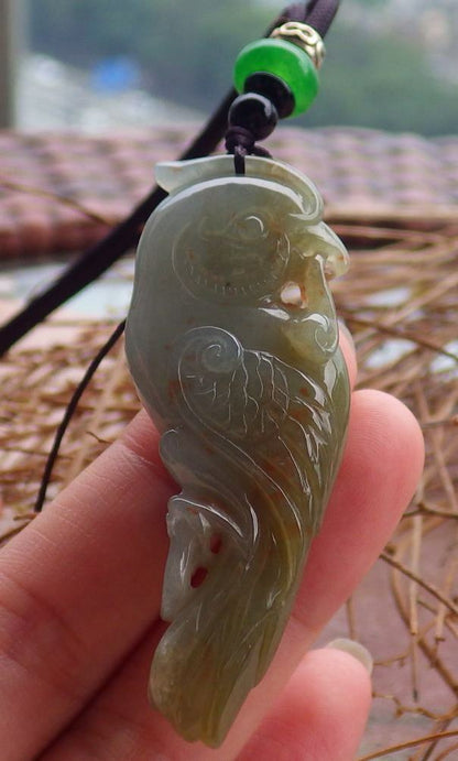 Certified Hand Carved Green Yellow Natural Myanmar Burma Grade A Jade jadeite Phoenix Bird Parrot Lucky Amulet Pendant Necklace