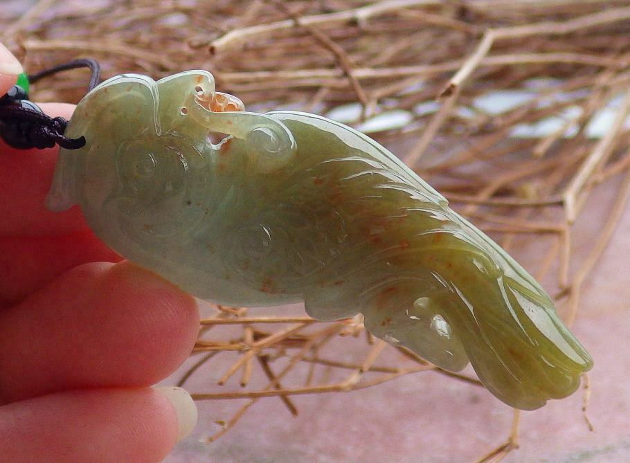 Certified Hand Carved Green Yellow Natural Myanmar Burma Grade A Jade jadeite Phoenix Bird Parrot Lucky Amulet Pendant Necklace