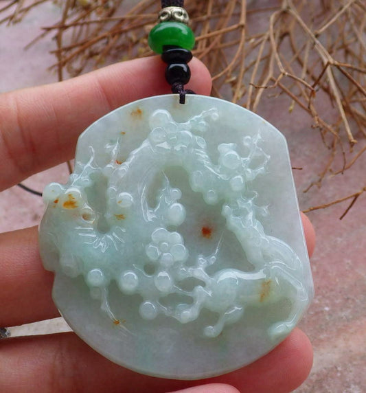 Certified Hand Carved Green Yellow Myanmar Burma 100% Natural A Jade jadeite Deer Flower Pendant Necklace