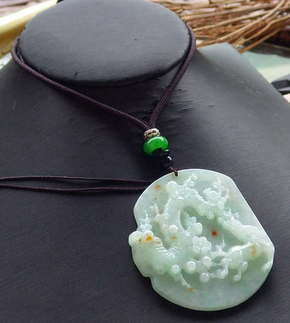 Certified Hand Carved Green Yellow Myanmar Burma 100% Natural A Jade jadeite Deer Flower Pendant Necklace