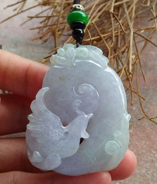 Certified Hand Carved Yellow Green Natural Burma A Jade jadeite Phoenix Ruyi Lotus Pendant Necklace