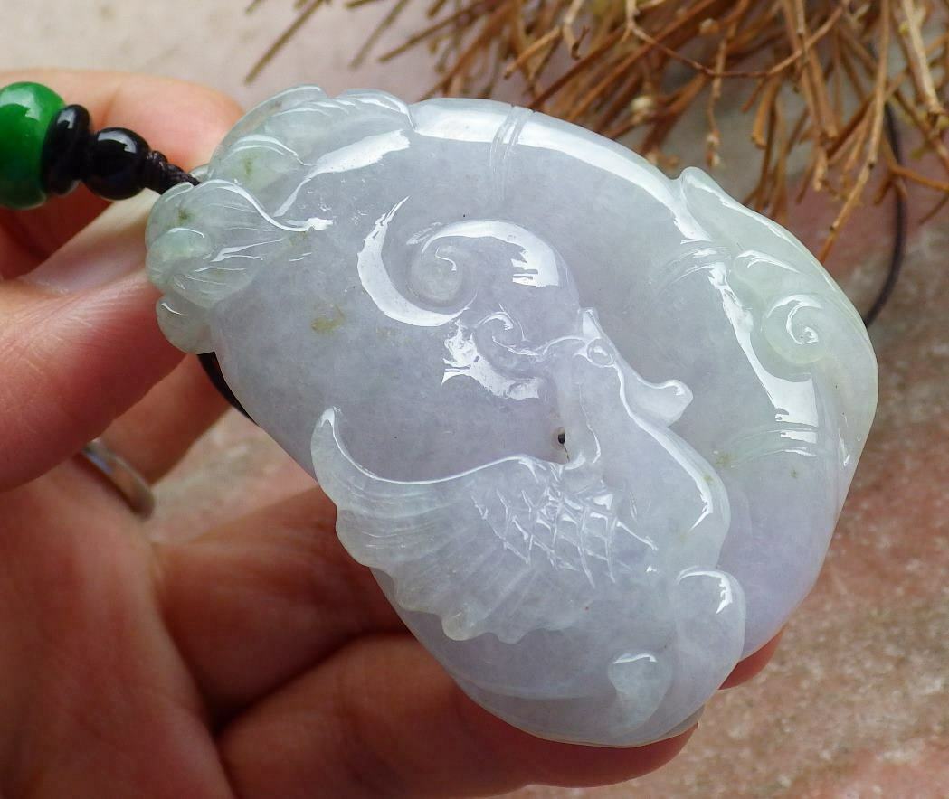 Certified Hand Carved Yellow Green Natural Burma A Jade jadeite Phoenix Ruyi Lotus Pendant Necklace