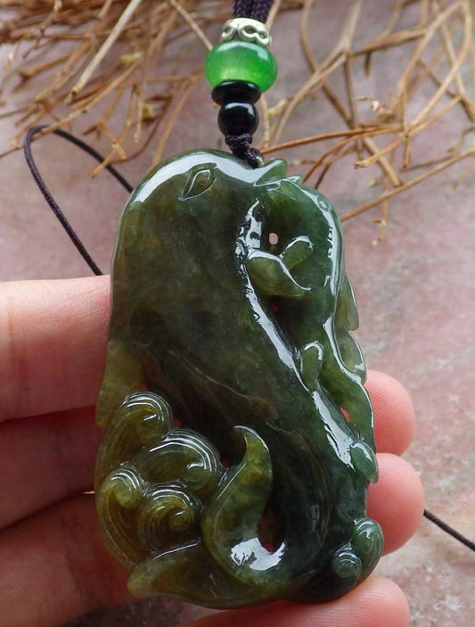 Certified Hand Carved Green Natural Myanmar Burma A Jade jadeite Dolphin Fish Ruyi Pendant Necklace