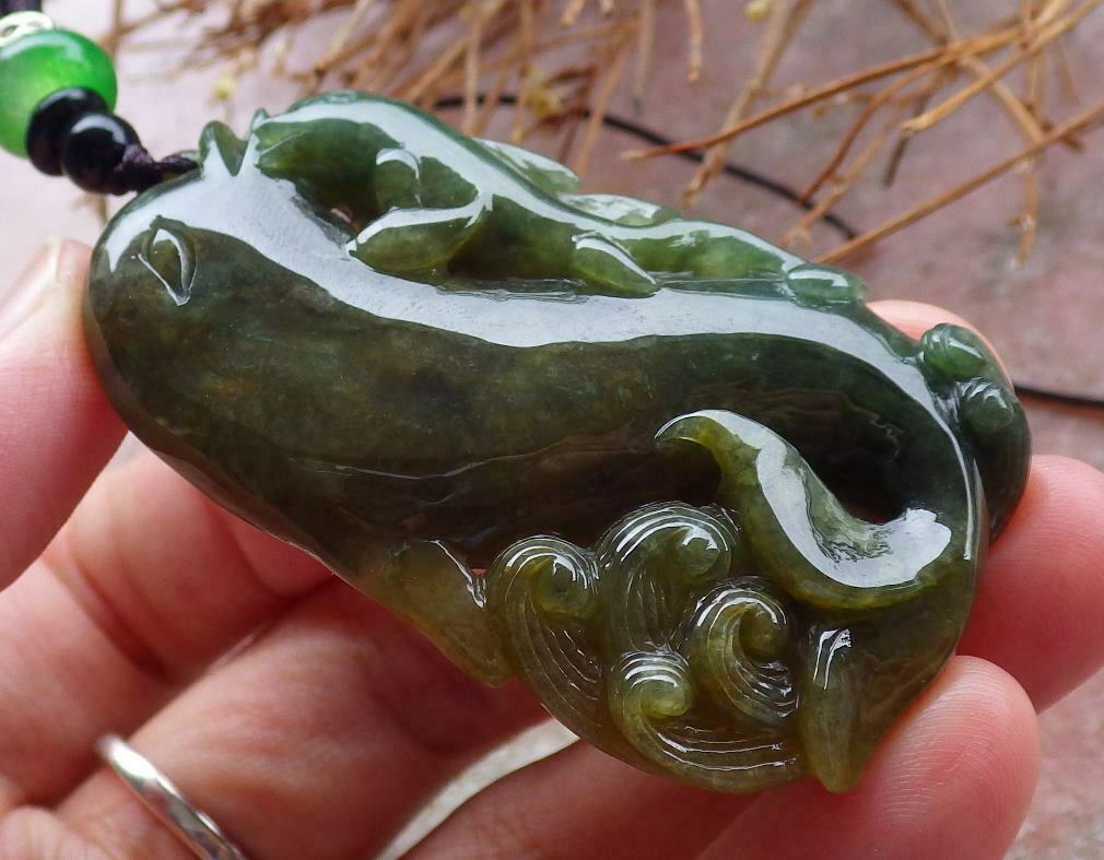 Certified Hand Carved Green Natural Myanmar Burma A Jade jadeite Dolphin Fish Ruyi Pendant Necklace