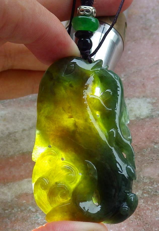 Certified Hand Carved Green Natural Myanmar Burma A Jade jadeite Dolphin Fish Ruyi Pendant Necklace