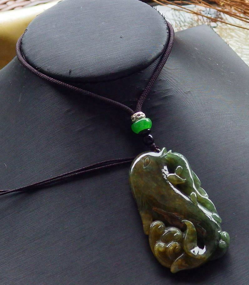 Certified Hand Carved Green Natural Myanmar Burma A Jade jadeite Dolphin Fish Ruyi Pendant Necklace