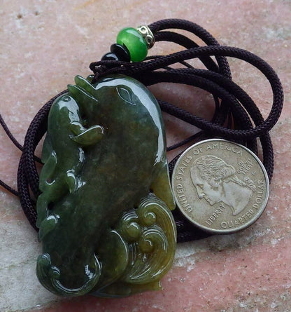 Certified Hand Carved Green Natural Myanmar Burma A Jade jadeite Dolphin Fish Ruyi Pendant Necklace