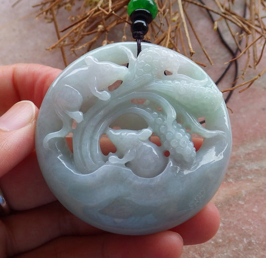 Certified Hand Carved Green Natural Myanmar Burma Grade A Jade jadeite Zodiac Mouse Rat Coin Pendant Necklace