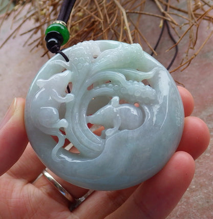 Certified Hand Carved Green Natural Myanmar Burma Grade A Jade jadeite Zodiac Mouse Rat Coin Pendant Necklace