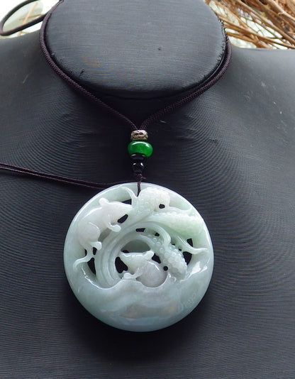 Certified Hand Carved Green Natural Myanmar Burma Grade A Jade jadeite Zodiac Mouse Rat Coin Pendant Necklace