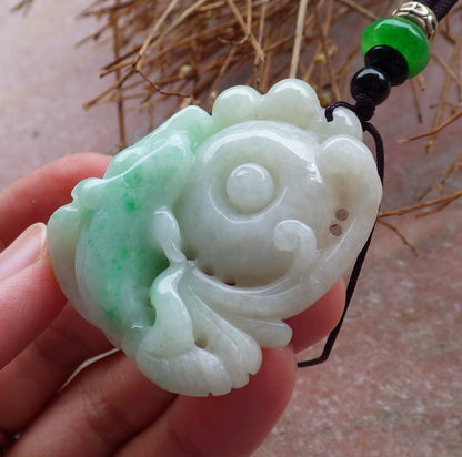 Certified Hand Carved Green Natural Myanmar Burma Grade A Jade Jadeite Dolphin Fish Ruyi Pendant Necklace