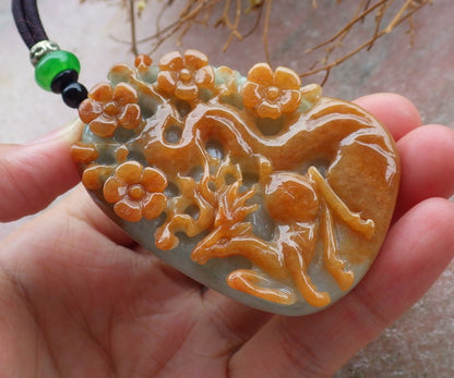 Certified Hand Carved Green Yellow Myanmar Burma 100% Natural Grade A Jade jadeite Deer Flower Pendant Necklace