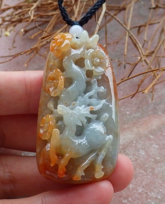 Certified Hand Carved Green Yellow Myanmar Burma 100% Natural Grade A Jade jadeite Deer Flower Pendant Necklace